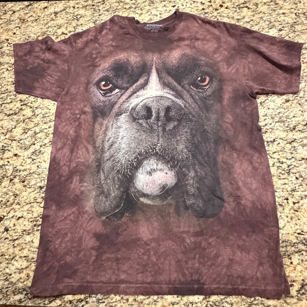 The Mountain Boxer Dog Face Graphic T-Shirt Mens‎ XL Brown Tie Dye Animal Print